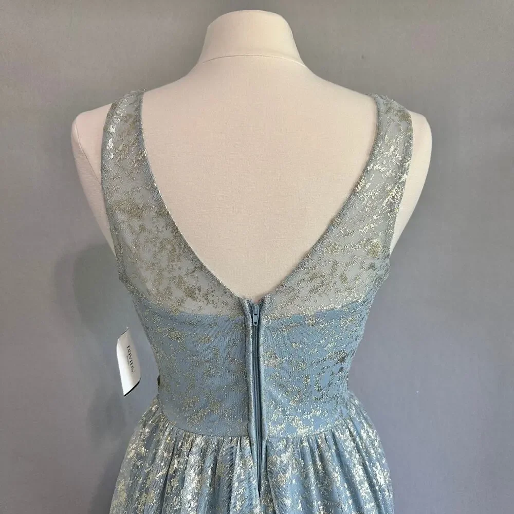 Teeze Me Metallic Foil Pleated V-Neck Gown From David's Bridal Light Blue Sz 5 - Picture 6 of 16